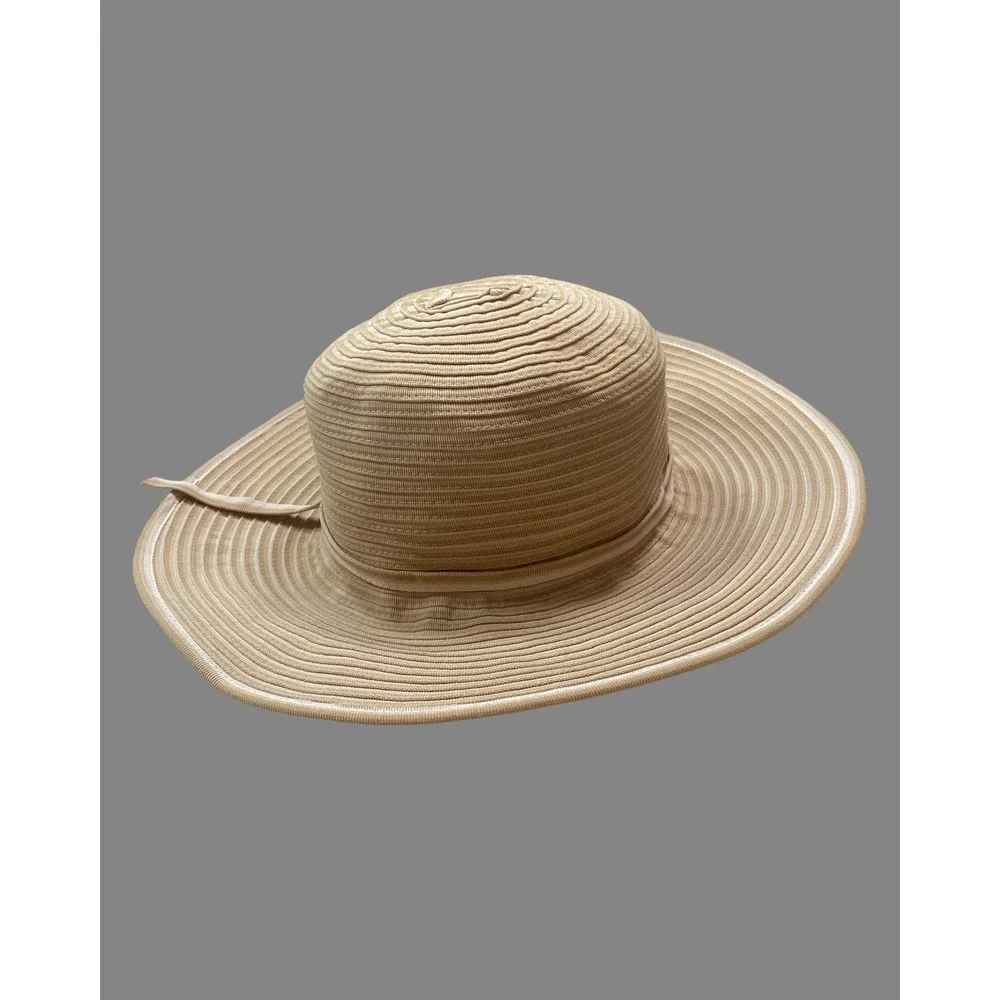 San Diego Hat Co Tan White Striped Grosgrain Wide Brim Sun Hat Packable Beach